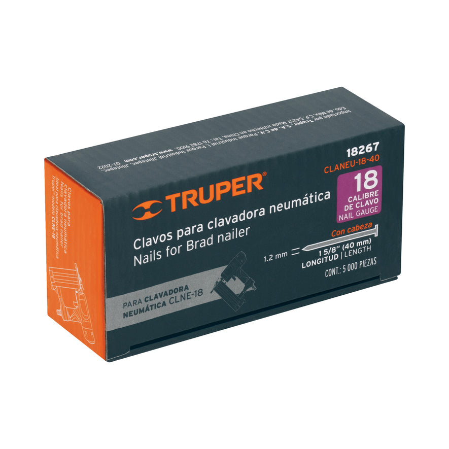 clavos calibre 18, 40 mm para CLNE-18, Truper Caja con 5000, 18267