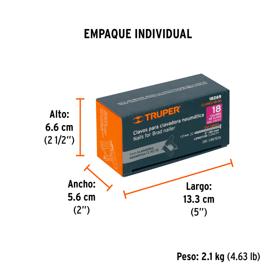 clavos calibre 18, 50 mm para CLNE-18, Truper Caja con 5000, 18269