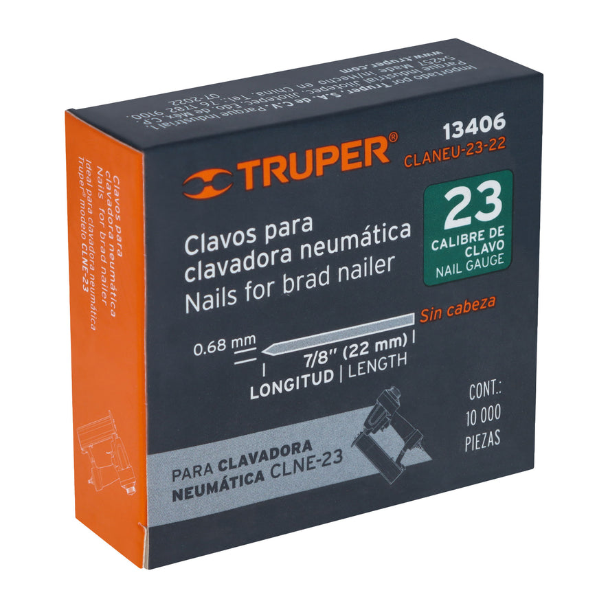 clavos calibre 23, 22 mm para CLNE-23, Truper Caja con 10000, 13406