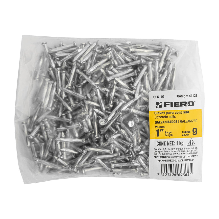 Bolsa con 1 kg de clavos para concreto galvanizados 1' Caja con 5, 44121