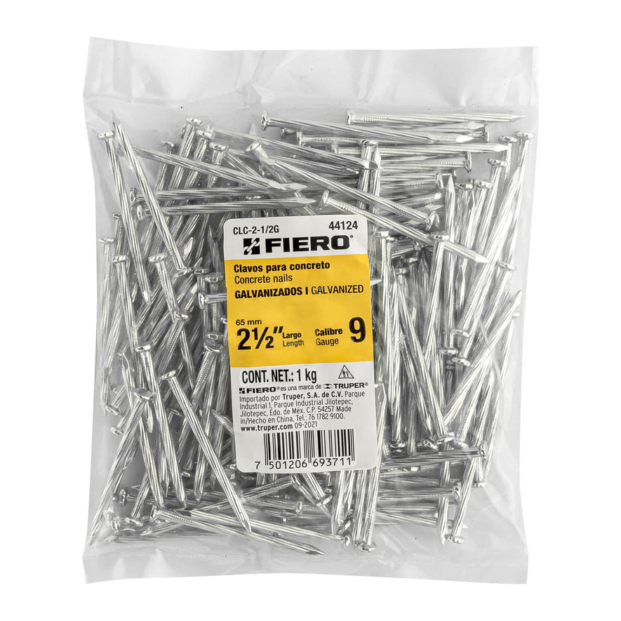 Bolsa con 1 kg de clavos para concreto galvanizados 2-1/2' Caja con 5, 44124