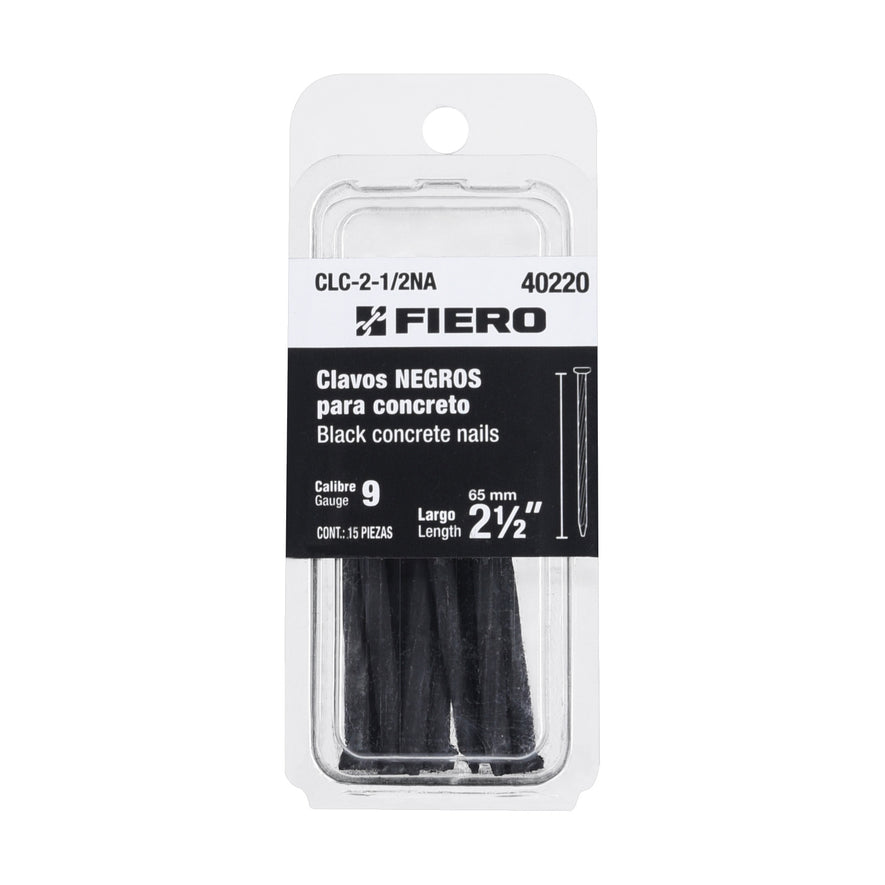 Blíster con 15 clavos negros para concreto 2-1/2', Fiero Caja con 12, 40220