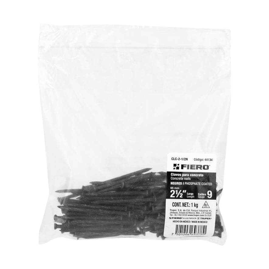 Bolsa con 1 kg de clavos para concreto negros 2-1/2', FIERO Caja con 5, 44134
