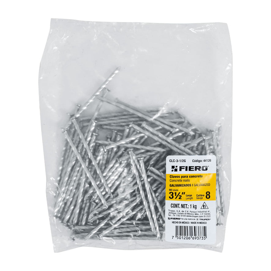 Bolsa con 1 kg de clavos para concreto galvanizados 3-1/2' Caja con 5, 44126