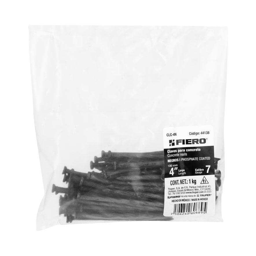 Bolsa con 1 kg de clavos para concreto negros 4', FIERO Caja con 5, 44138