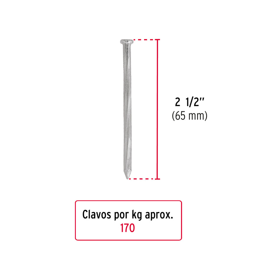 Kilo de clavos para concreto 2-1/2'galvanizado,caja de 25 kg Caja con 25, 44833