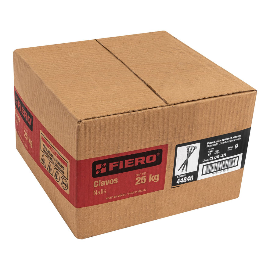 Kilo de clavos para concreto 3' negros, caja de 25 kg, FIERO Caja con 25, 44848
