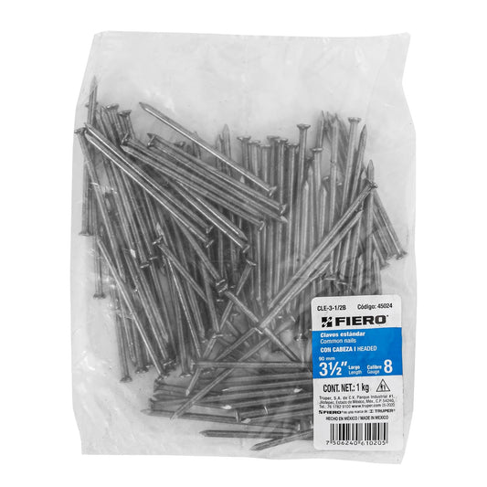 Bolsa con 1 kg de clavo estándar 3-1/2' con cabeza, Fiero Caja con 5, 45024
