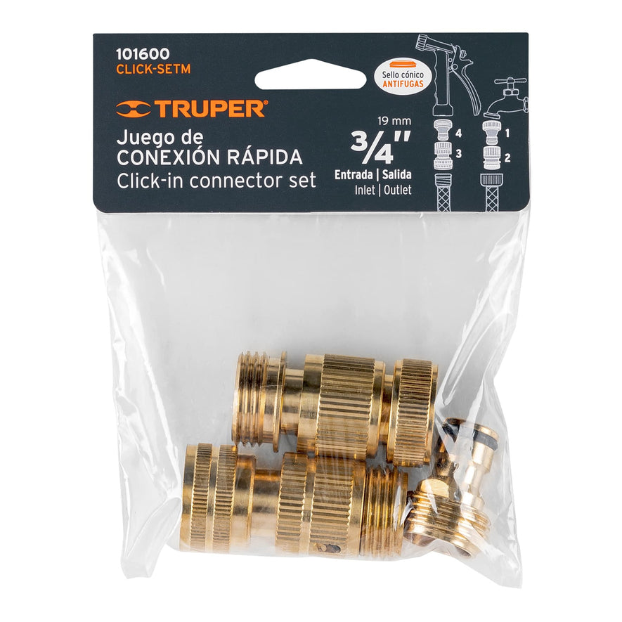 Juego de 5 conectores 3/4' rápidos de latón, sistema click Caja con 4, 101600