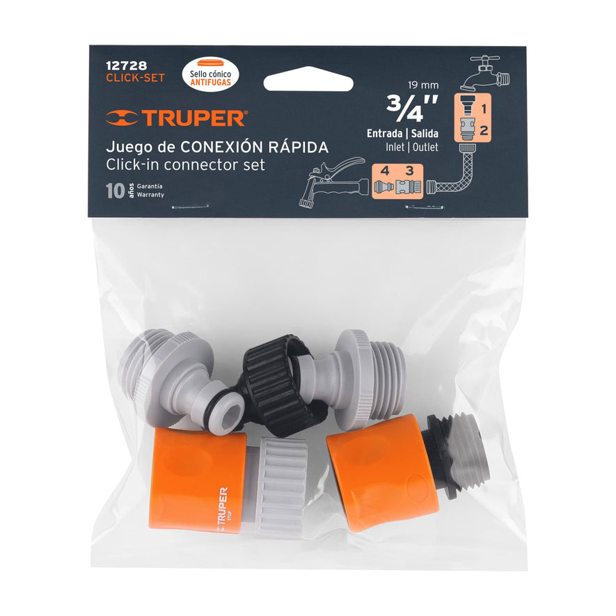 Juego de 5 conectores 3/4' rápidos de ABS, sistema click Caja con 6, 12728