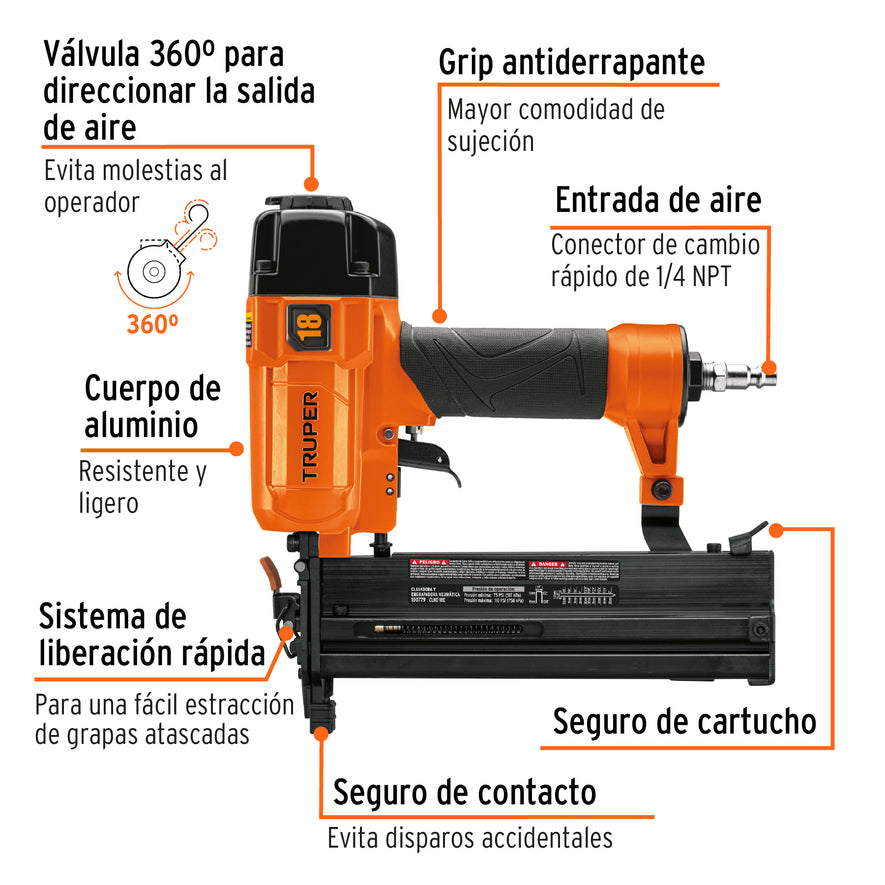 Clavadora y engrapadora neumática profesional, calibre 18, 100779
