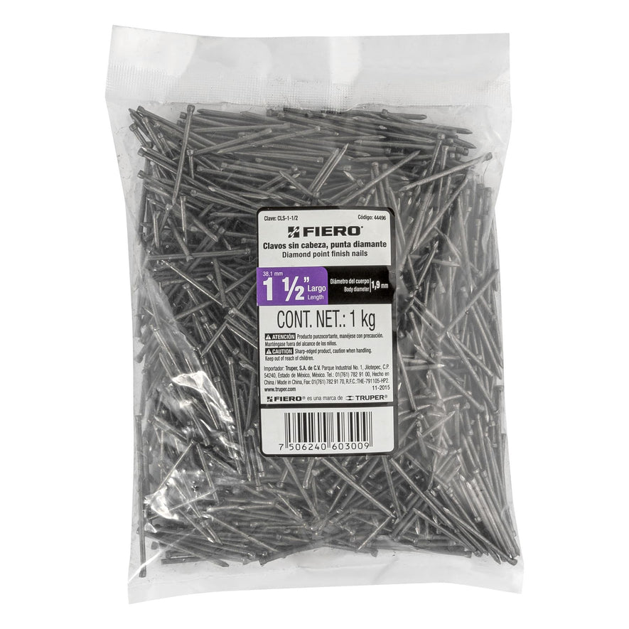 Bolsa con 1 kg de clavo estándar 1-1/2' sin cabeza, Fiero Caja con 10, 44496