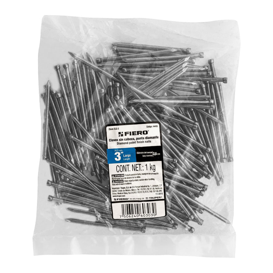 Bolsa con 1 kg de clavo estándar 3' sin cabeza, Fiero Caja con 10, 44499