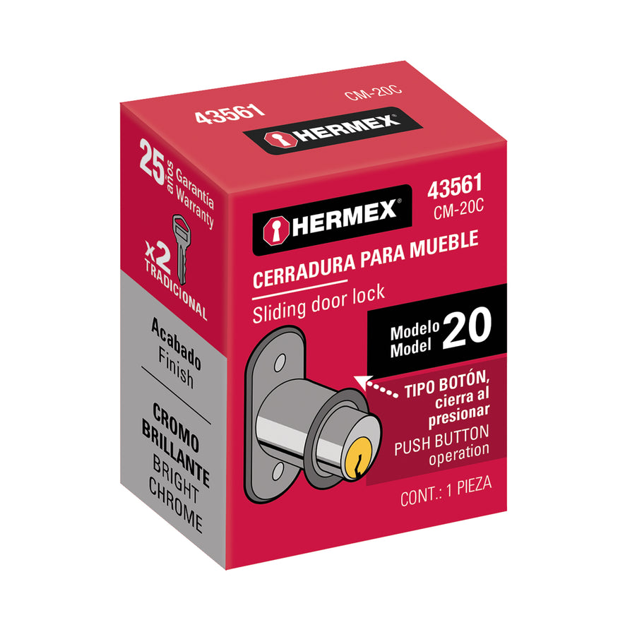 Cerradura para mueble, modelo 20, cromo, Hermex Caja con 6, 43561