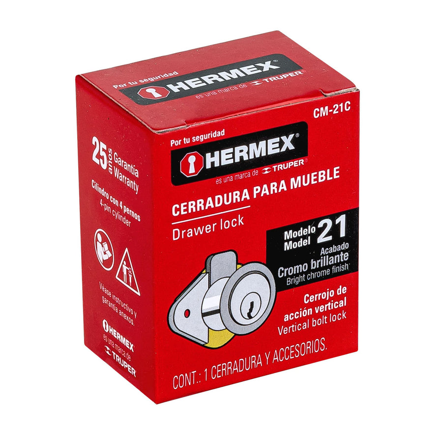 Cerradura para mueble, modelo 21, cromo, Hermex Caja con 6, 43558