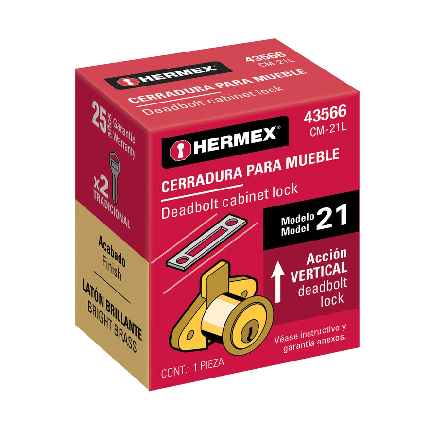 Cerradura para mueble, modelo 21, latón, Hermex Caja con 6, 43566