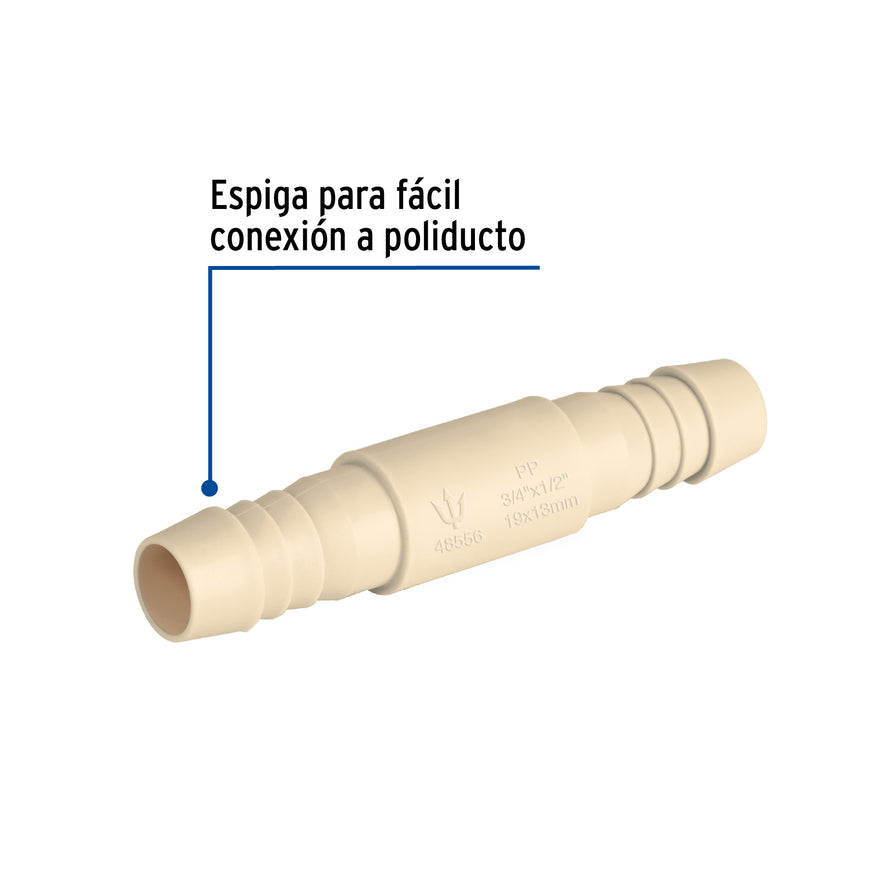 Cople reducido inserción de 3/4' x 1/2' de polipropileno Caja con 10, 48556