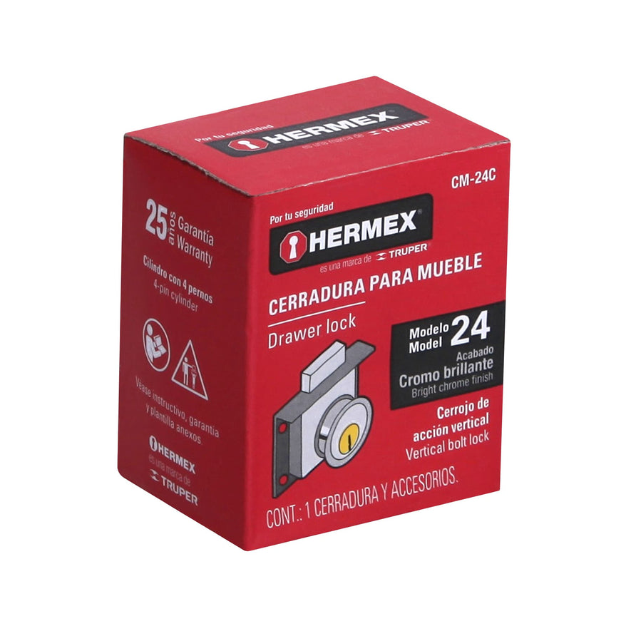 Cerradura para mueble, modelo 24, cromo, Hermex Caja con 6, 43557