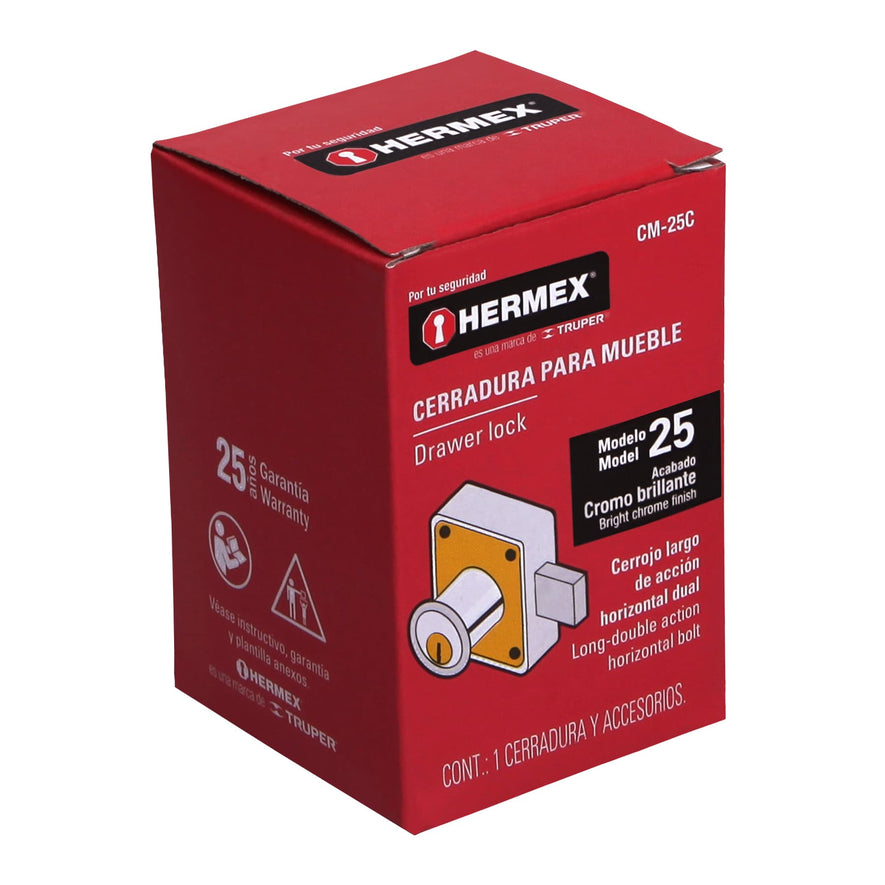 Cerradura para mueble, modelo 25, cromo, Hermex Caja con 6, 43559