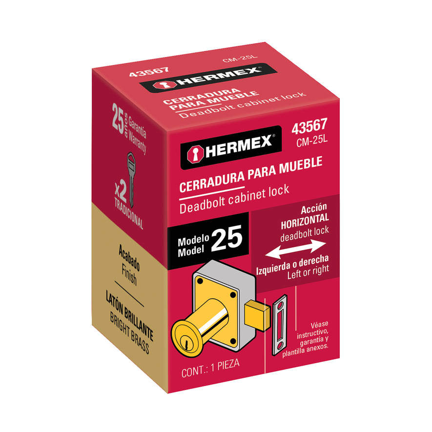 Cerradura para mueble, modelo 25, latón, Hermex Caja con 6, 43567