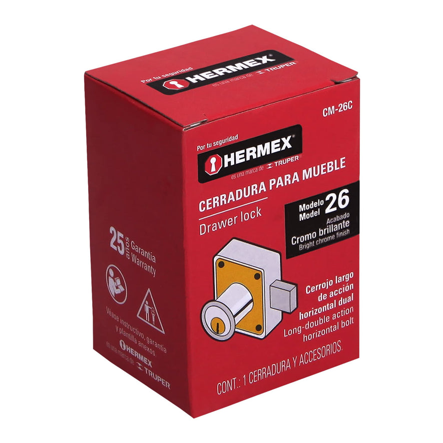 Cerradura para mueble, modelo 26, cromo, Hermex Caja con 6, 43560