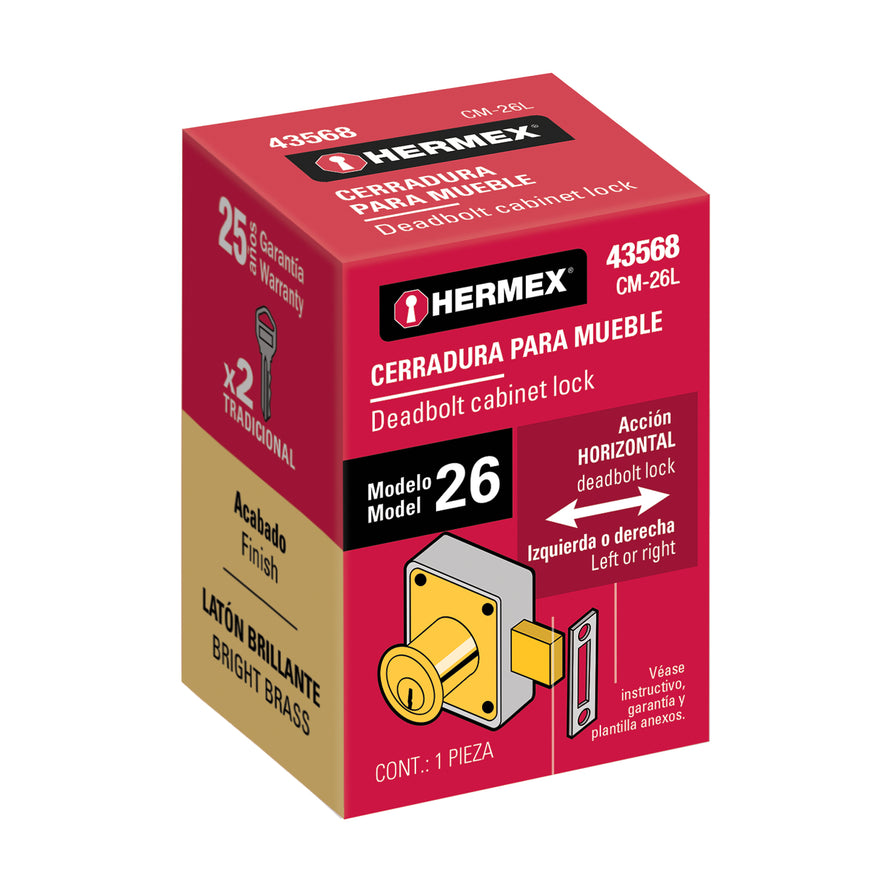 Cerradura para mueble, modelo 26, latón, Hermex Caja con 6, 43568