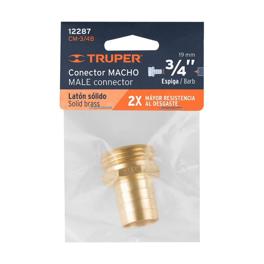 Conector 3/4' macho de latón sólido para manguera, Truper Caja con 6, 12287