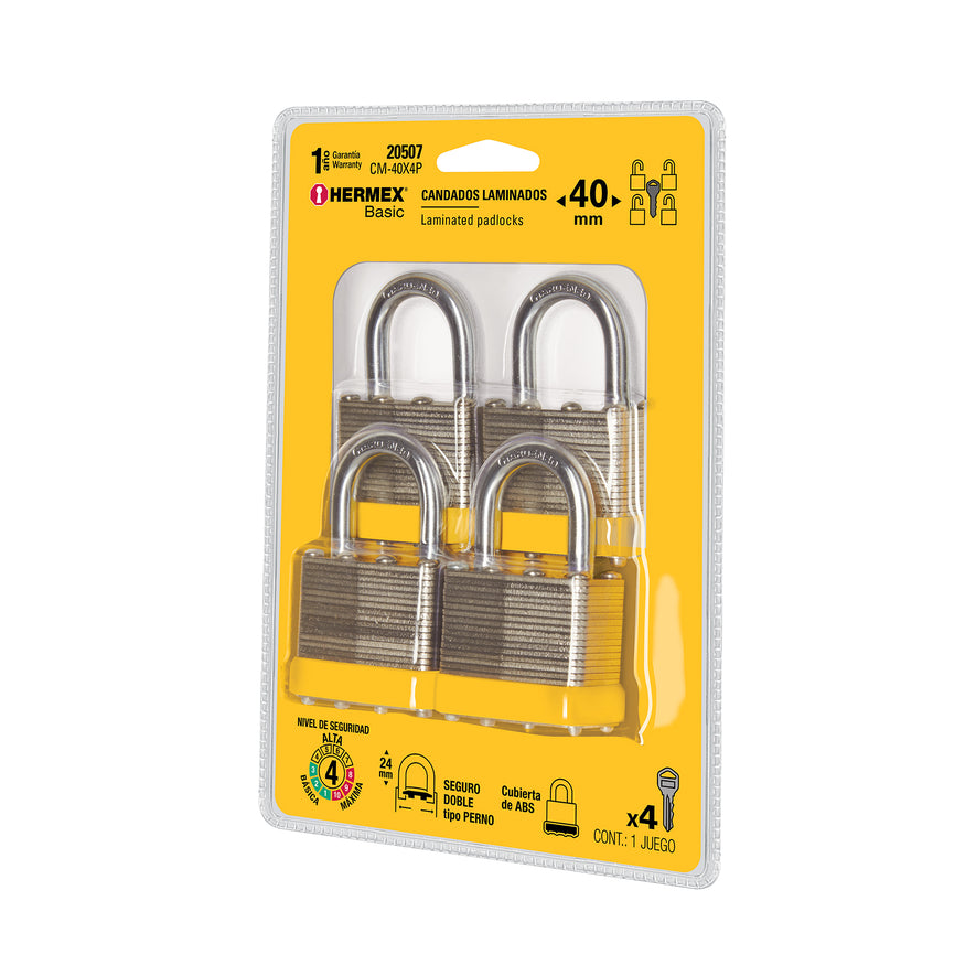 Juego de 4 candados cuerpo laminado, 40 mm, Hermex Basic Caja con 2, 20507