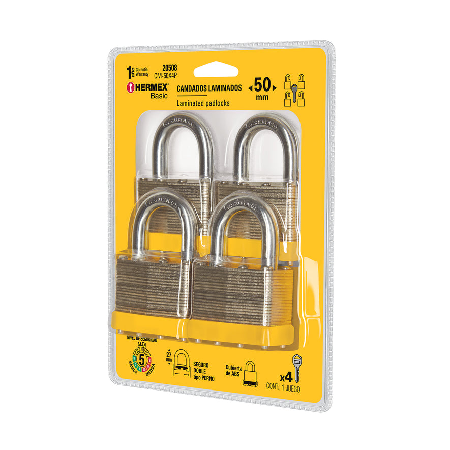 Juego de 4 candados cuerpo laminado, 50 mm, Hermex Basic Caja con 2, 20508