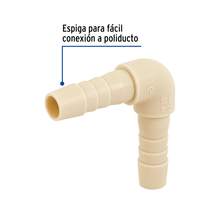 Codo 90° inserción de 3/8' de polipropileno, Foset Caja con 10, 48561