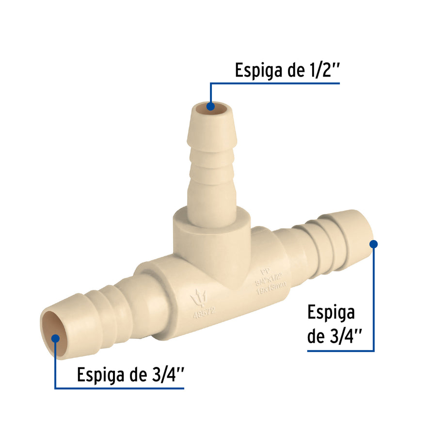 Tee reducida inserción central 3/4' x 1/2' de polipropileno Caja con 10, 48572
