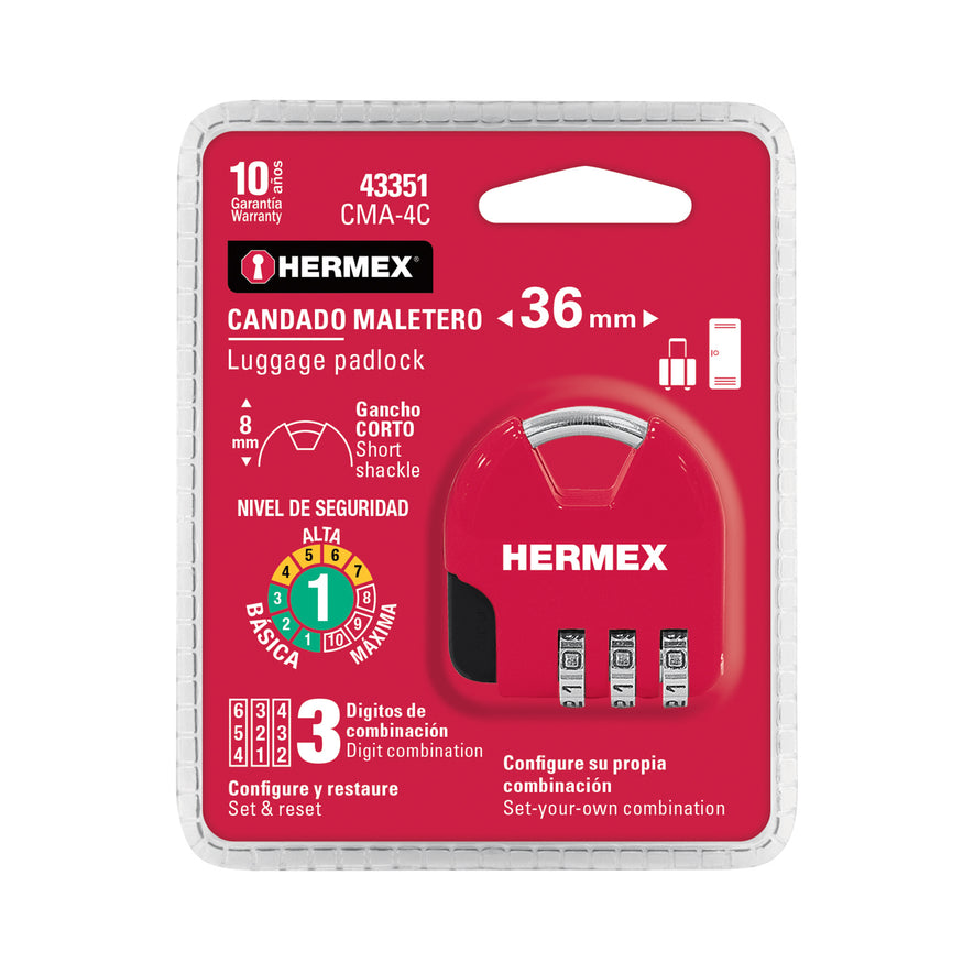 Candado maletero de combinación 36 mm, blíster, Hermex Caja con 6, 43351