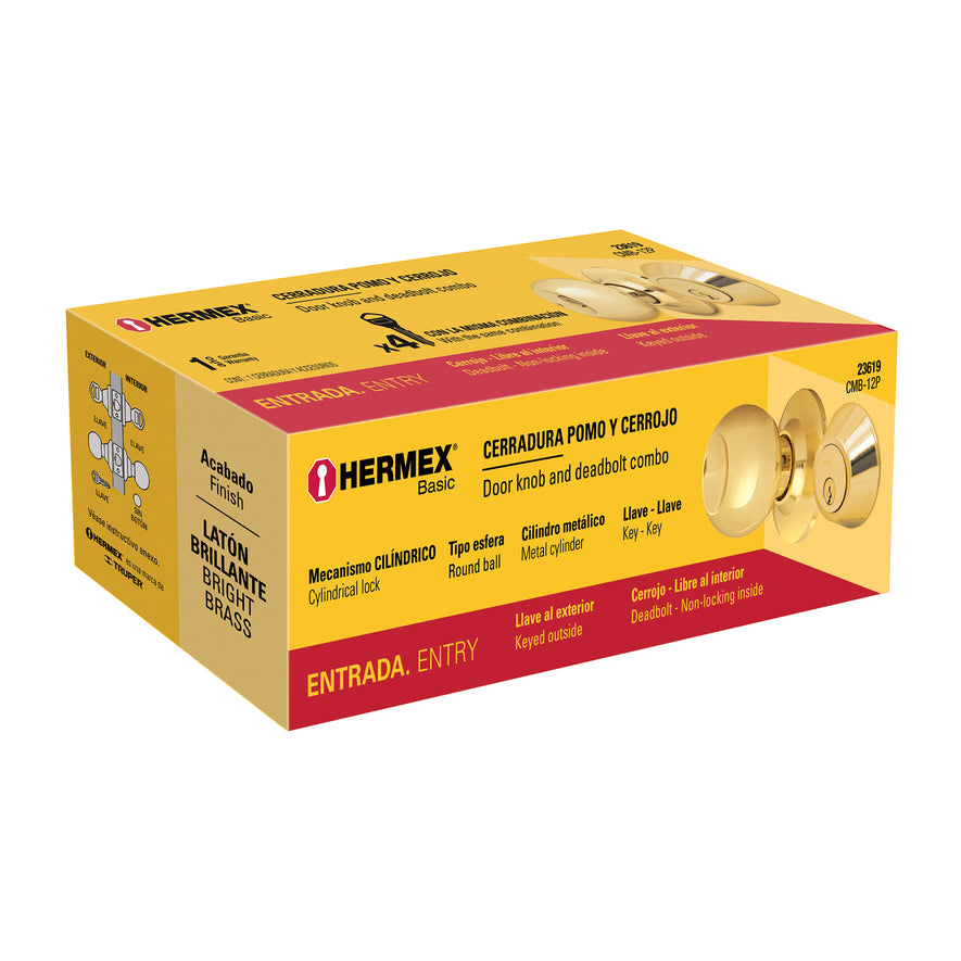 Combo cerraduras, llave-llave, latón brillante, Hemex Basic Caja con 3, 23619