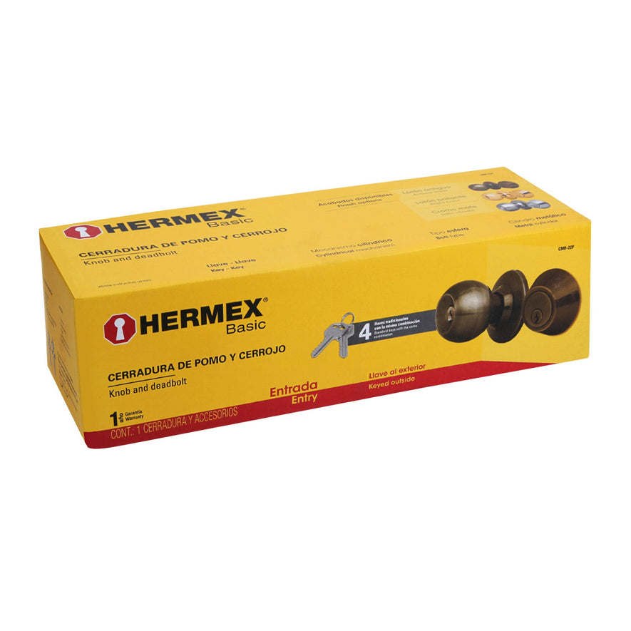 Combo cerraduras, llave-llave, latón antiguo, Hermex Basic Caja con 3, 23620