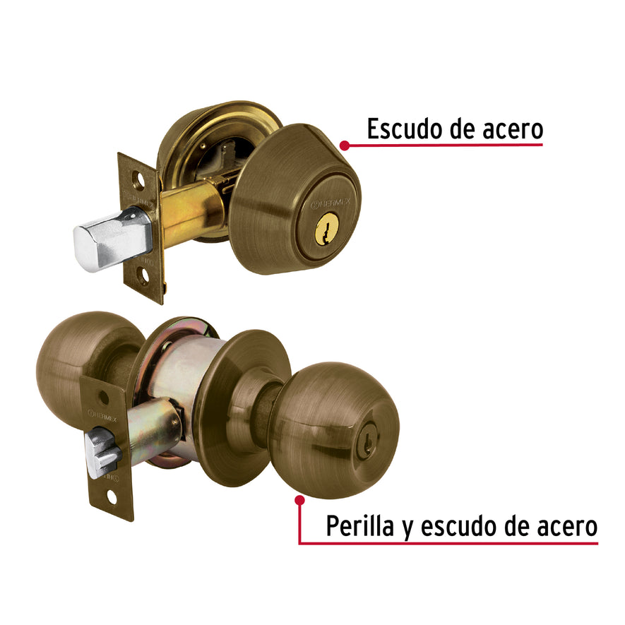 Combo cerraduras, llave-llave, latón antiguo, Hermex Basic Caja con 3, 23620