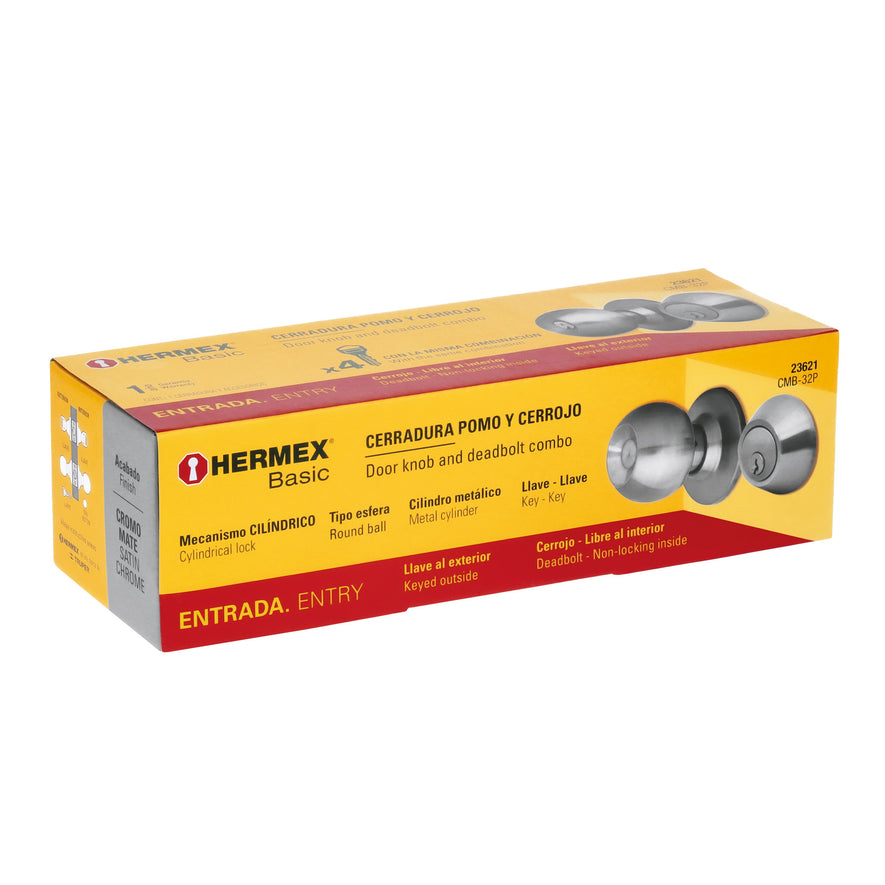 Combo cerraduras, llave-llave, cromo, Hermex Basic Caja con 3, 23621