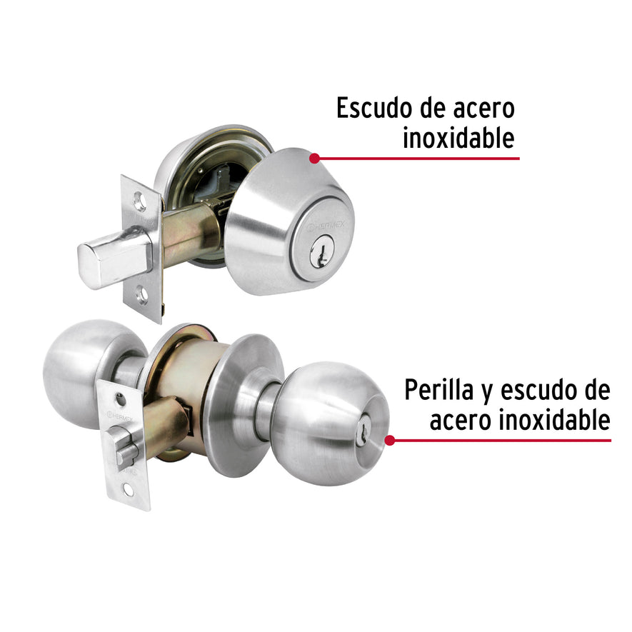 Combo cerraduras, llave-llave, cromo, Hermex Basic Caja con 3, 23621