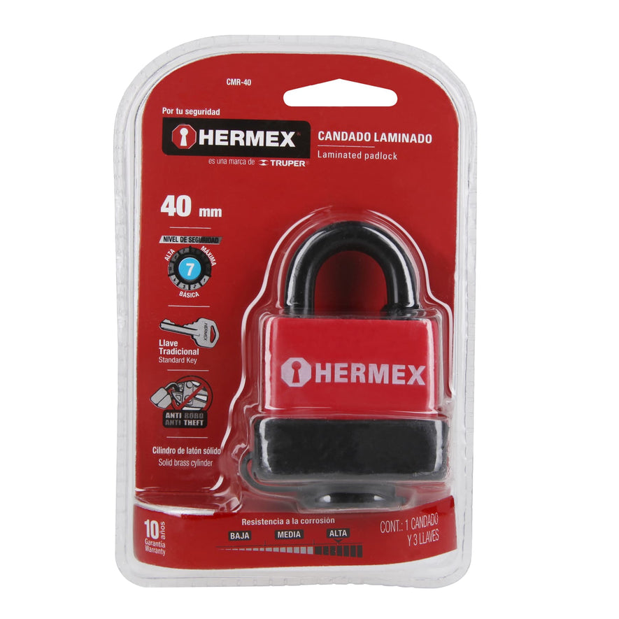 Candado laminado, recubierto de plástico, 40mm, blister Caja con 3, 43367