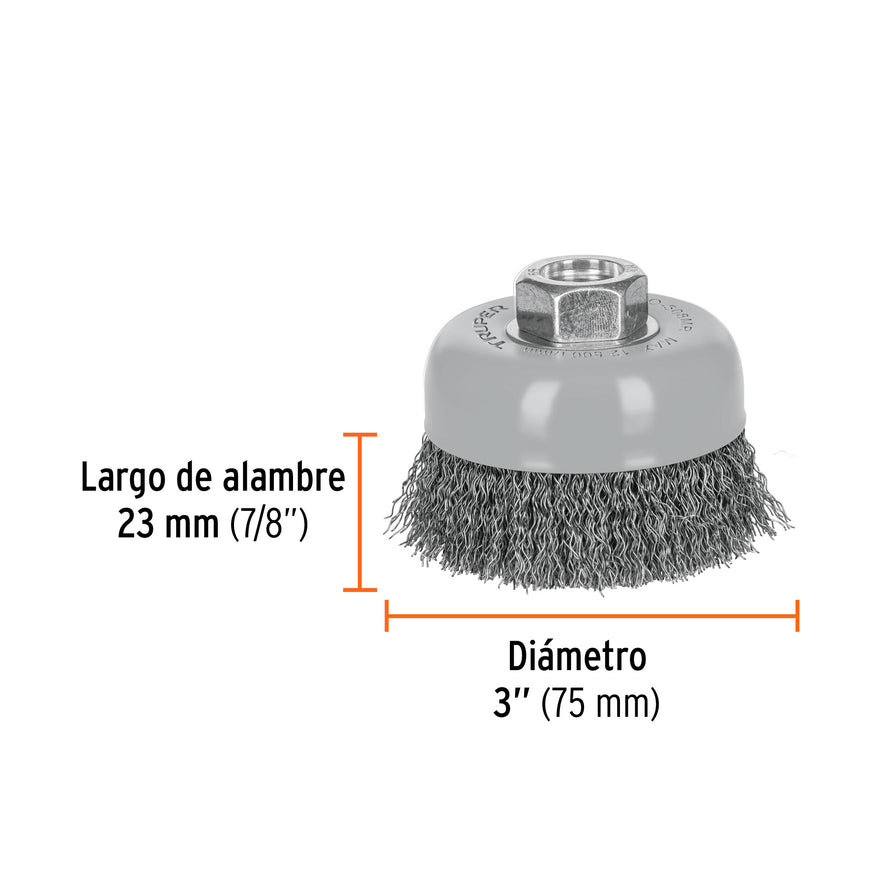 Carda copa 3' alambre ondulado fino, Multi-rosca, Truper Caja con 4, 100857