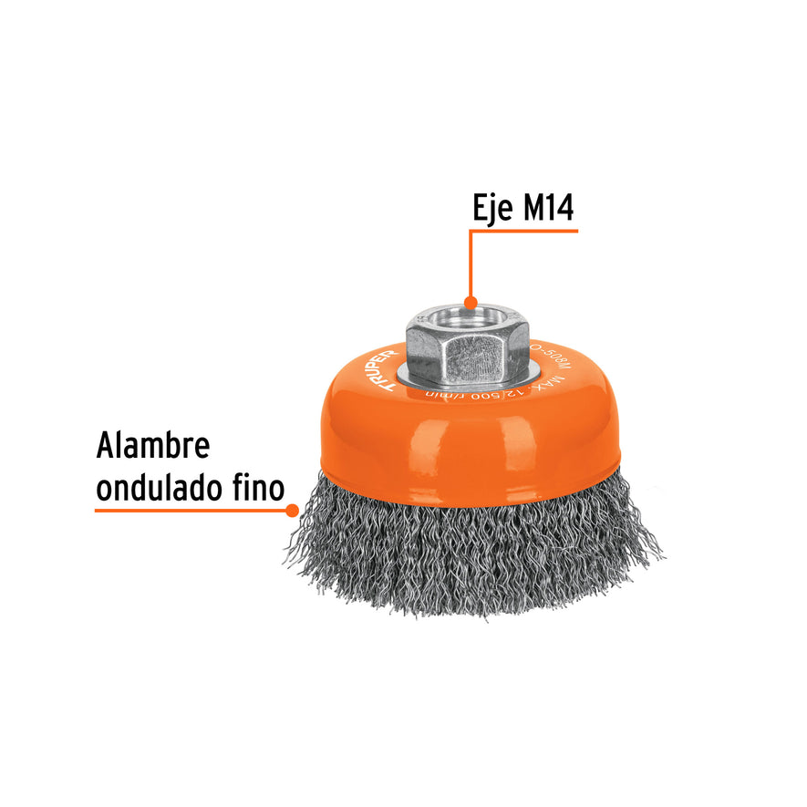 Carda copa 3' alambre ondulado fino, eje M14, Truper Caja con 4, 14180