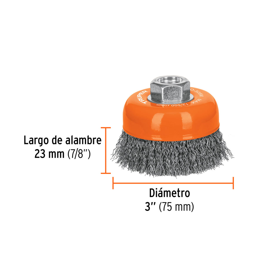 Carda copa 3' alambre ondulado fino, eje M14, Truper Caja con 4, 14180
