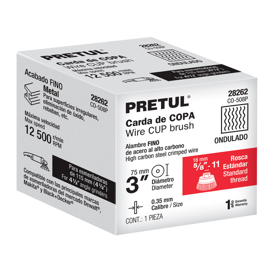 Carda copa 3' alambre ondulado fino, eje 5/8'-11, Pretul Caja con 4, 28262