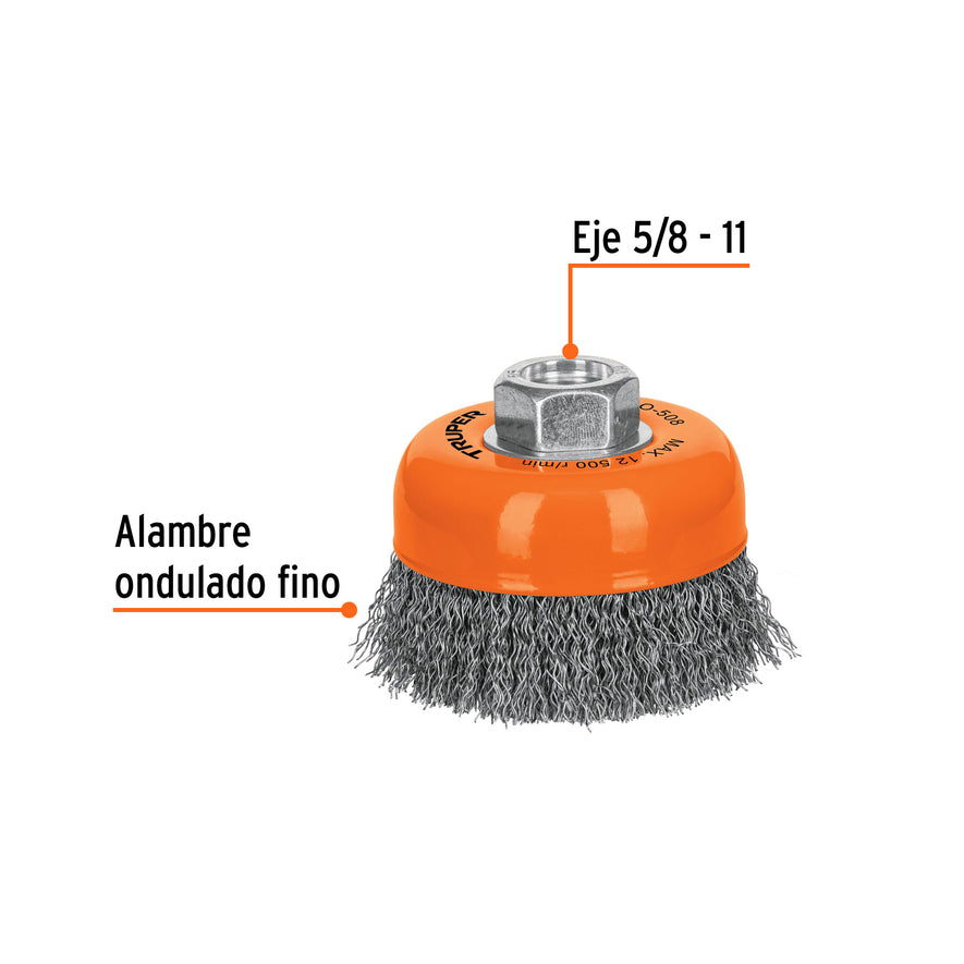 Carda copa 3' alambre ondulado fino, eje 5/8'-11, Truper Caja con 4, 14182
