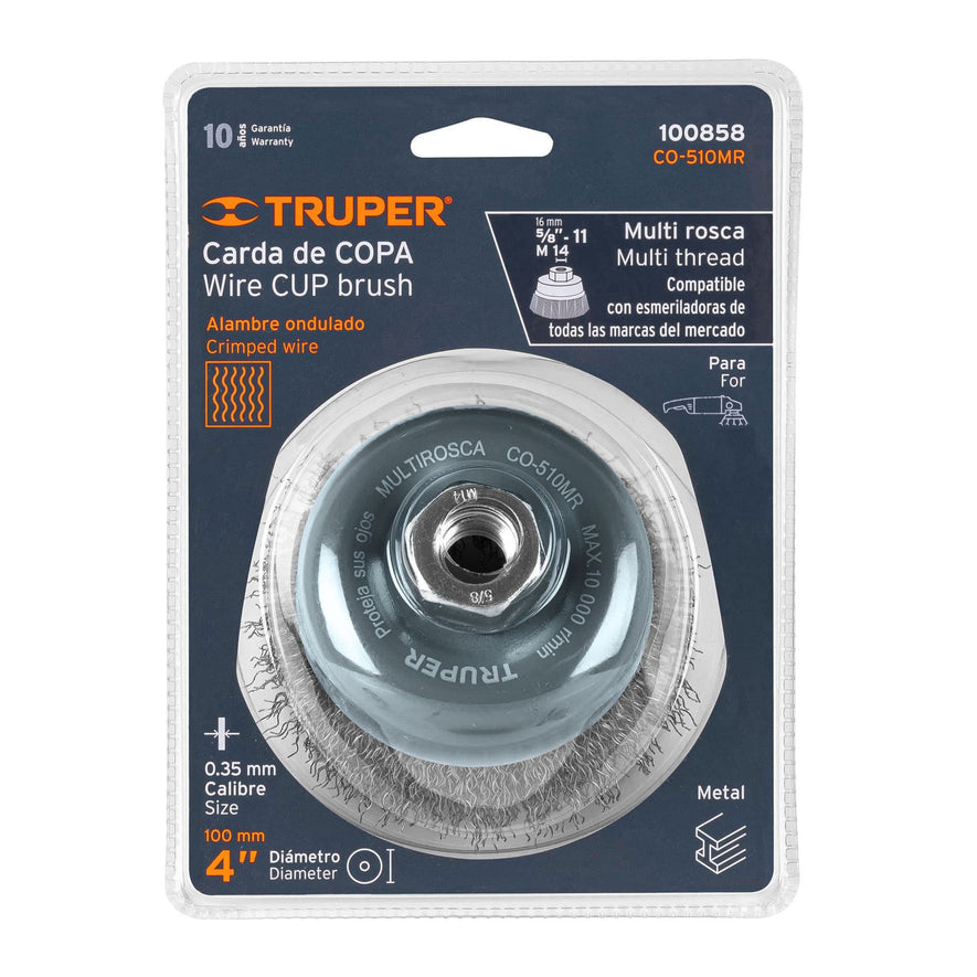 Carda copa 4' alambre ondulado fino, Multi-rosca, Truper Caja con 4, 100858
