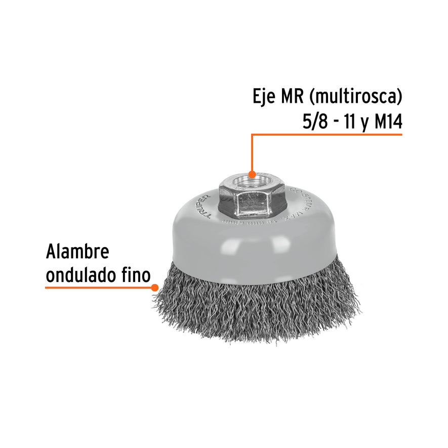 Carda copa 4' alambre ondulado fino, Multi-rosca, Truper Caja con 4, 100858