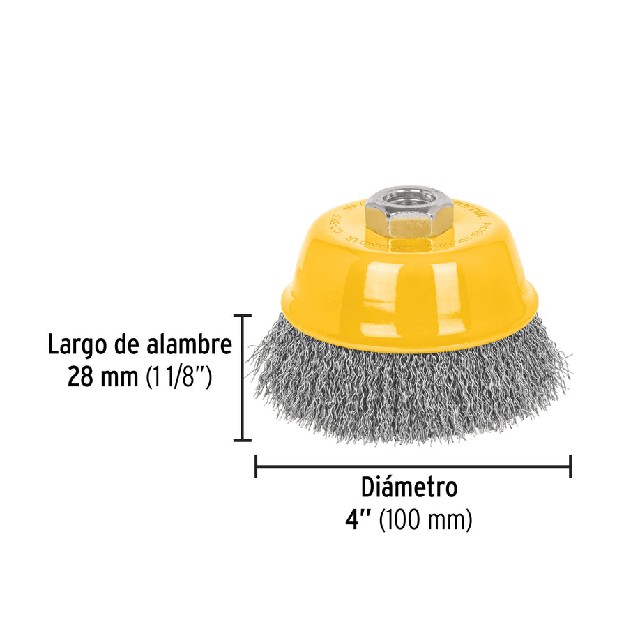 Carda copa 4' alambre ondulado fino, eje 5/8'-11, Pretul Caja con 4, 28263