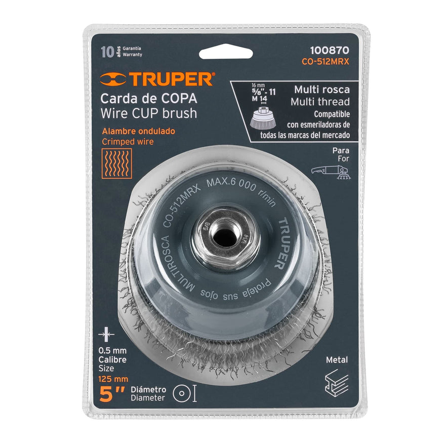 Carda copa 5' alambre ondulado grueso, Multi-rosca, Truper Caja con 4, 100870