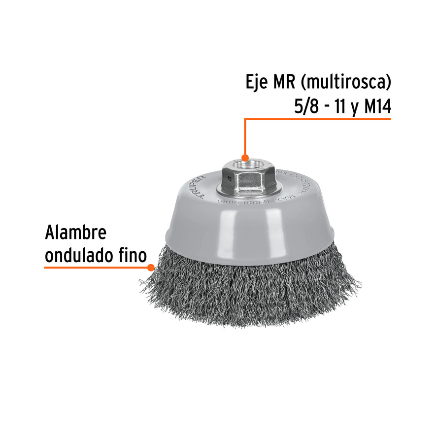 Carda copa 5' alambre ondulado fino, Multi-rosca, Truper Caja con 4, 100859