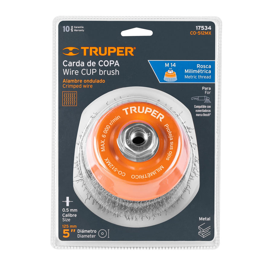Carda copa 5' alambre ondulado grueso, eje M14, Truper Caja con 4, 17534
