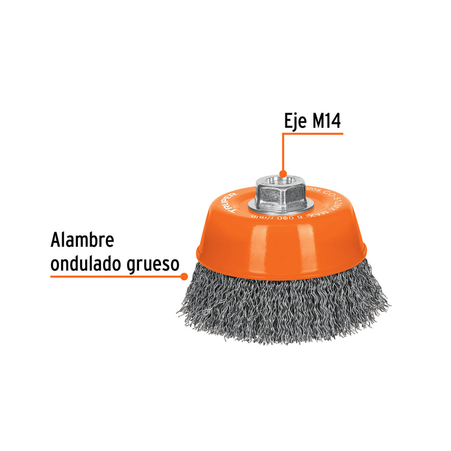 Carda copa 5' alambre ondulado grueso, eje M14, Truper Caja con 4, 17534